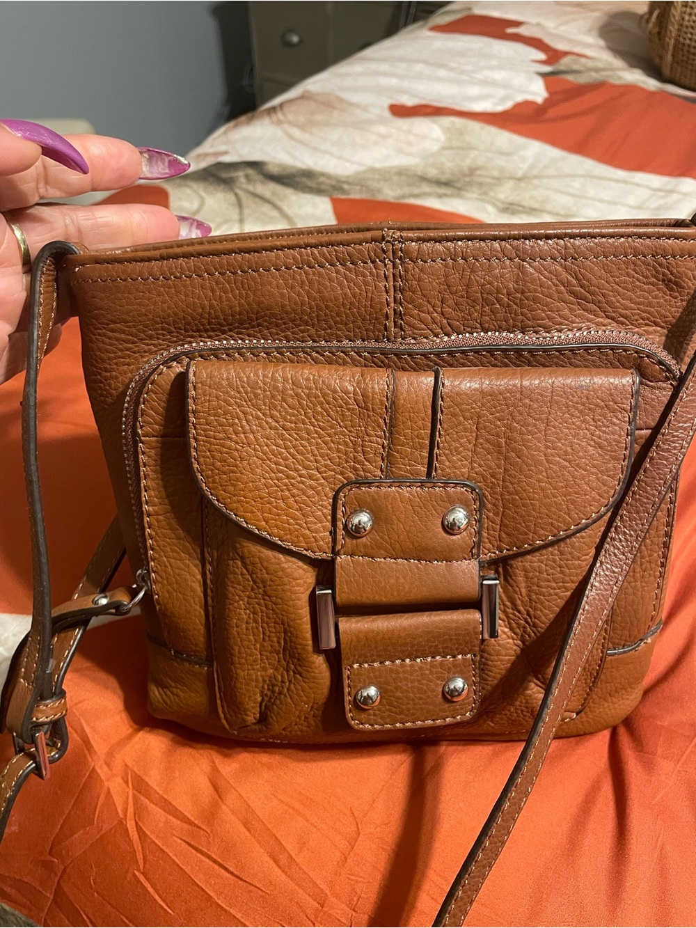 Franco Sarto Tan Leather Crossbody with Front Pocket and Buckle Detail